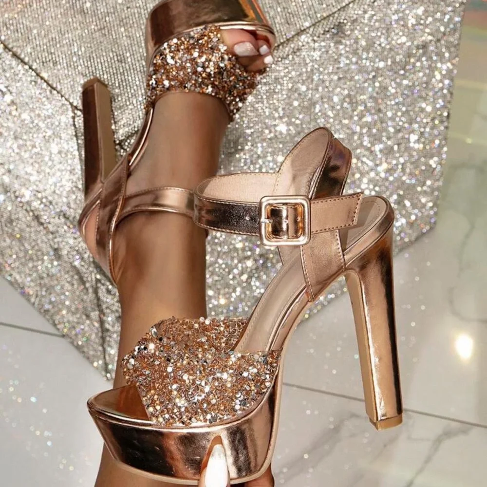 Sale 🌸 Women's Silver Glitter Platform Chunky Heel High-Heeled Sandals